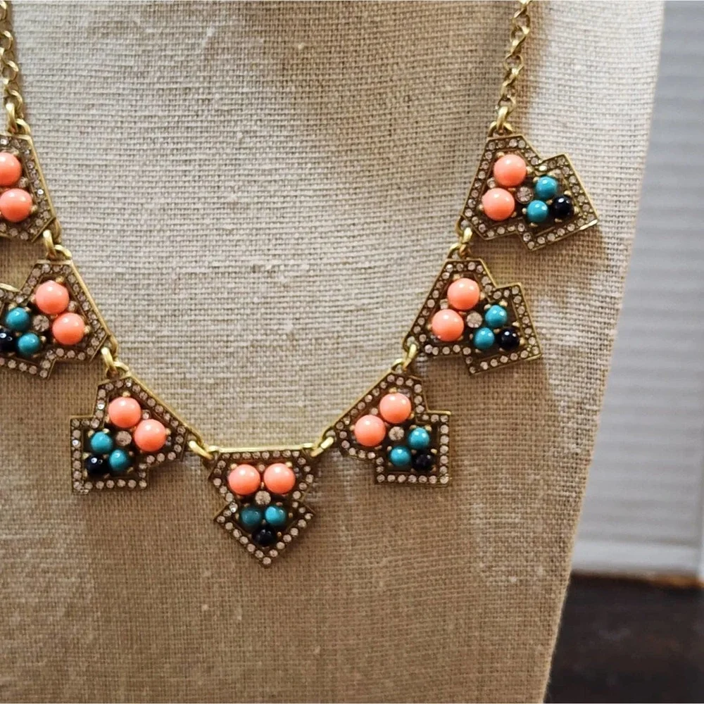 J. Crew gold peach and teal art‎ deco vintage vibes necklace